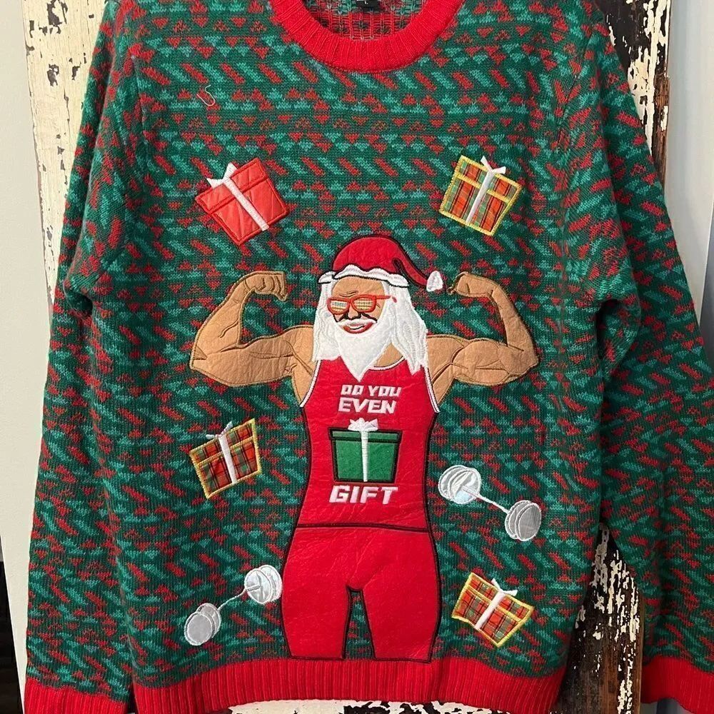Blizzard Bay Men’s NWOT Ugly Christmas Sweater Buff Santa “Do you Even Gift”. L